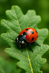 Close-up of a ladybug on a green leaf in nature