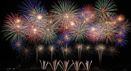 Colorful night fireworks display with multicolored bursts in dark sky