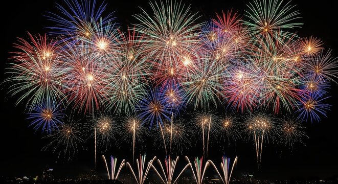 Colorful night fireworks display with multicolored bursts in dark sky