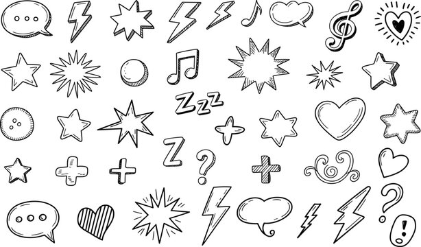 Hand Drawn Doodle Elements Collection Keywords: speech bubble, lightning bolt, starburst, music