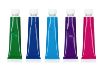 Isolated row of colorful art paint tubes for watercolor, oil, acrylic, tempera painting