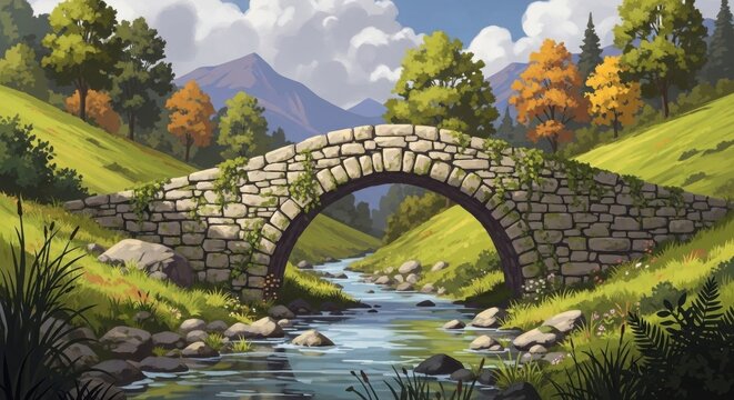 Idyllic stone bridge arching over a serene mountain stream - Powered by Adobe