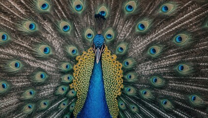 Obraz premium Portrait of a peacock displaying its vibrant feathers, showcasing natural beauty and elegance