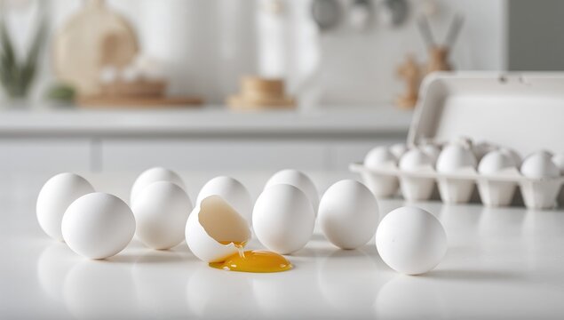 Whole white chicken eggs alongside a cracked egg, focus on versatility in cooking