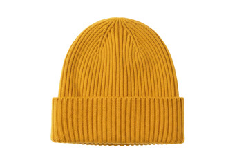 Isolated mustard yellow beanie hat for winter wear fashion, casual clothing accessory concept