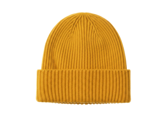 Isolated mustard yellow beanie hat for winter wear fashion, casual clothing accessory concept