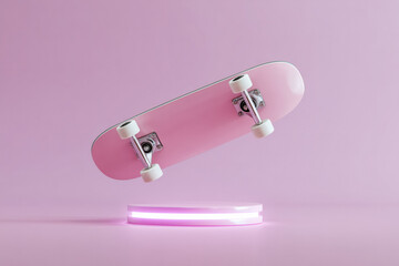Trendy pink skateboard floating above illuminated platform offers a modern, energetic vibe for youth lifestyle brands and edgy product promotions