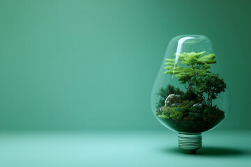 Unique glowing lightbulb terrarium with vibrant green trees and lush moss garden brings a fresh nature-inspired aesthetic to any design project or campaign