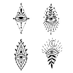 Evil eye set. Eye of Providence. Lineart Vector illustration. Magic celestial witchcraft symbol. Mystical boho celestial set