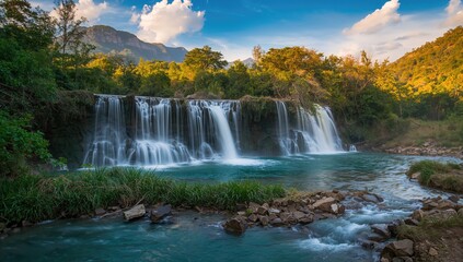 Obraz premium Waterfall cascading in a mountainous landscape, showcasing the beauty of nature