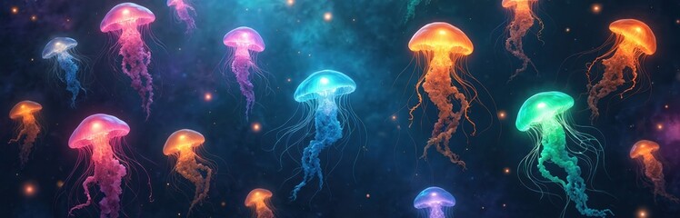 Illustration of many glowing colorful jellyfish swimming underwater. Aquatic animals with long tentacles float in deep sea. Marine life creatures in the ocean illustration background