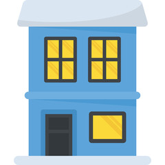 Simple Blue Two Story House With Yellow Windows And White Roof Snow Accents Isolated On A Transparent Background