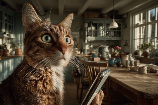 Cat's morning: phone in paws, fear in eyes. Cat in sunlight. When your inbox becomes a source of anxiety, not productivity. Mindful phone use. Chat communication fatigue.