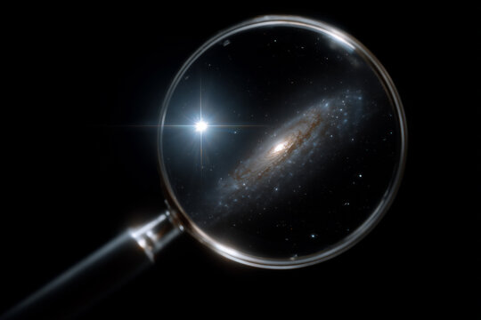 Explore the wonders of the universe with a magnifying glass revealing a stunning galaxy and bright star in deep space, perfect for science and discovery themes
