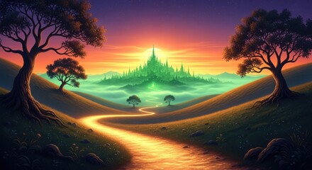 Enchanting fantasy landscape with glowing city and winding path
