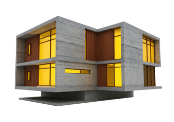 Isolated modern concrete and wood facade house, design building with large glowing windows