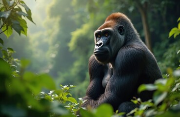 Obraz premium Large silverback gorilla sits in lush green jungle foliage. Its powerful body and thoughtful gaze are prominent. The primate rests in its natural wild habitat surrounded by dense forest.