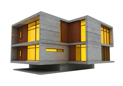 Isolated modern concrete and wood facade house, design building with large glowing windows