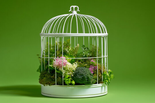 Unique green still life featuring flowers and vegetables in birdcage on a vibrant backdrop, bringing a natural, whimsical touch to any project or design concept