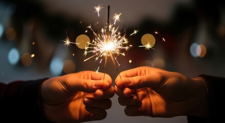 Two hands holding sparkler celebrating new year with festive lights