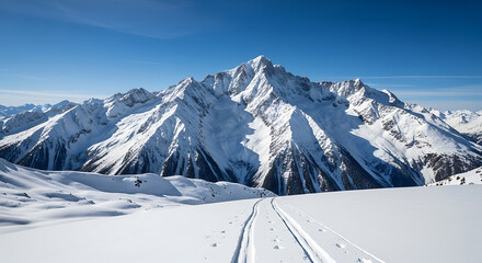 Snow covered mountain range with ski tracks on a sunny winter day under a clear blue sky