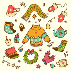 Winter cozy doodle set. Warm clothes, drinks, books, gifts, candles, mittens, socks, snowflakes and others. Cute line art vector. Retro color Christmas mood
