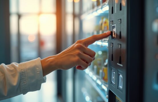 Woman finger presses button on snack vending machine selection panel. Person buys beverage or treat from automatic dispenser choosing item from lit display.