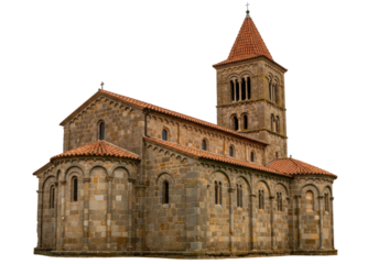 Isolated medieval church exterior with tower, a heritage site in Europe on a light background