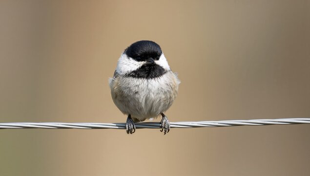Chickadee perched on a wire, showcasing focus in a sunny setting - Powered by Adobe