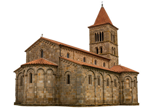 Isolated medieval church exterior with tower, a heritage site in Europe on a light background