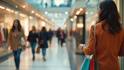 Young woman carries colorful shopping bags, walks in modern mall. People pass by bright store windows, merchandise displays. Shoppers enjoy retail therapy, buying products. Urban lifestyle,
