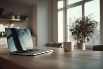 Modern workspace featuring a laptop and coffee for a productive workday, perfect for remote work inspiration and showcasing a cozy, bright, and relaxing home office