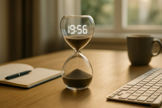 Modern hourglass timer with digital display on wooden desk