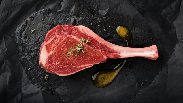 Raw T-bone Steak with aromatic herbs and oil on a dark surface, protein-rich meal - Powered by Adobe