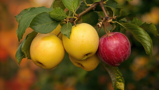 Ripe yellow Chinese apples hanging from a branch, healthy fruit choice