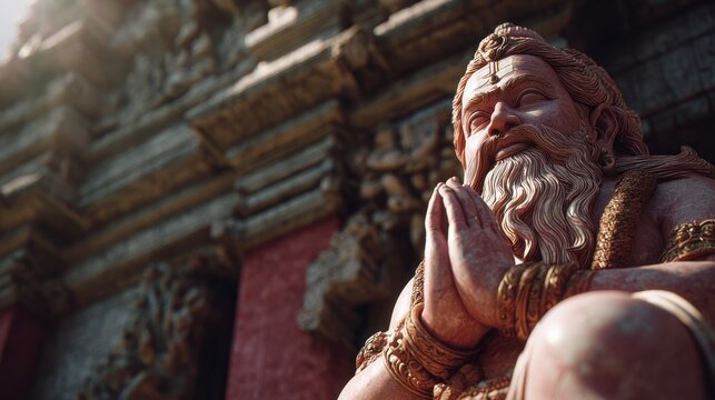 Ancient sage statue in prayerful posture with temple background, spiritual figure