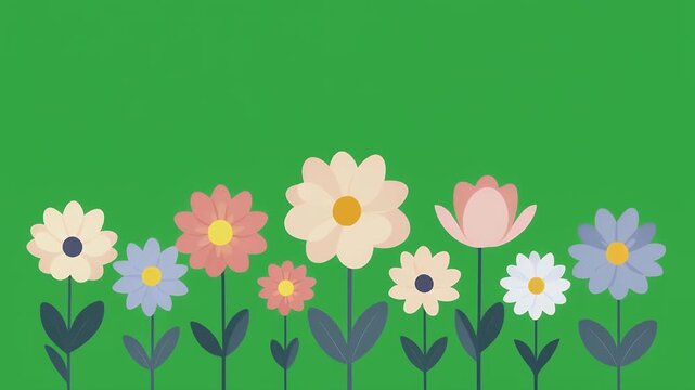 flat vector animation of flowers blooming in sequence, pastel colors, smooth opening motion, on green screen background