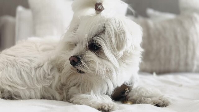 Cute Bichon Maltese Dog Resting on Bed, Suddenly Alert and Observing – Anticipating Owner’s Return