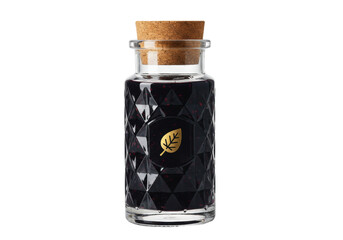 Isolated jar of fruit conserve with cork, geometric diamond shapes and gold leaf motif
