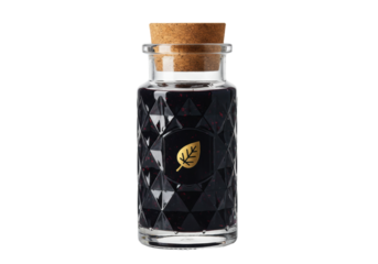 Isolated jar of fruit conserve with cork, geometric diamond shapes and gold leaf motif