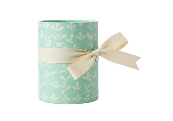 Isolated cylinder-shaped box with pale green leafy pattern and cream ribbon for present packaging