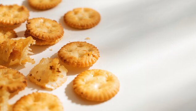 Close-up of cheese crackers on a plain white background, suitable for snack presentation - Powered by Adobe