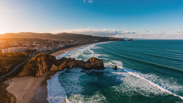 Aerial view of Praia Da Luz Beach featuring golden sand and blue waves, highlighting erosion risk