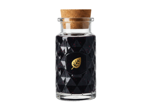 Isolated jar of fruit conserve with cork, geometric diamond shapes and gold leaf motif