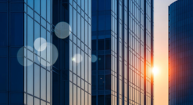 Glass facade of modern office buildings reflecting sky and sunlight