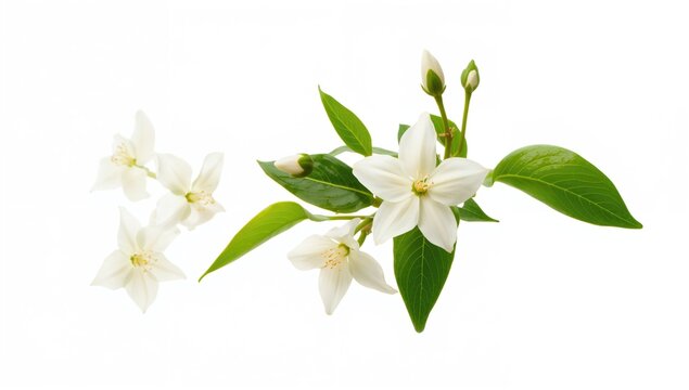 Jasmine flowers and leaves suspended in air against a white backdrop, ideal for editorial header background