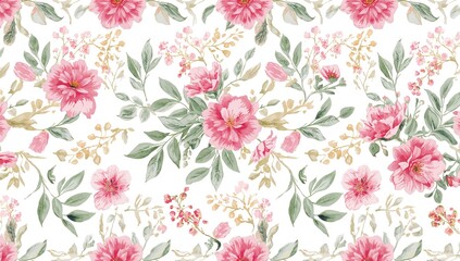Seamless watercolor floral design featuring pink flowers and green leaves on a white backdrop, ideal for romantic event invitations