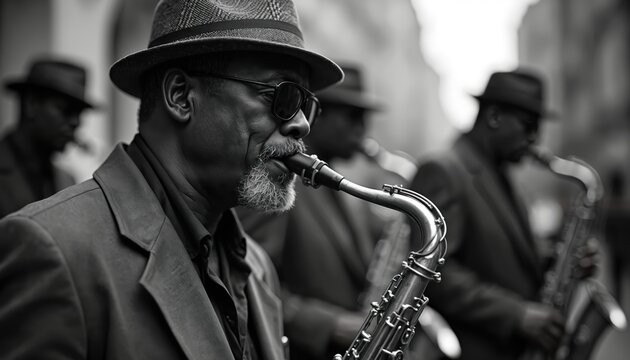 Black and white photo of a man playing saxophone. His band plays jazz music on street. Musicians wear hats and suits. They perform live concert for audience.