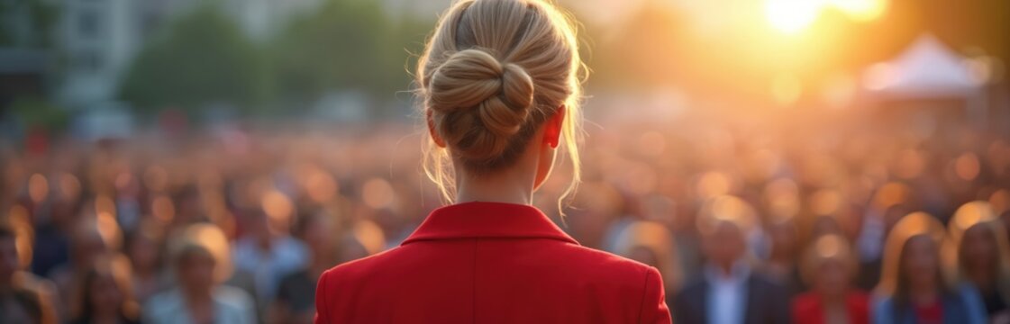 Woman in red jacket addresses large crowd outdoors during golden hour. Speaker connects with audience, inspiring civic participation and leadership during political rally or event.