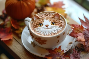 A cup of hot coffee with cute cat latte art on top, placed on a wooden surface surrounded by autumn leaves. Warm fall colors and cozy atmosphere perfect for concepts of relaxation, coffee time, creati